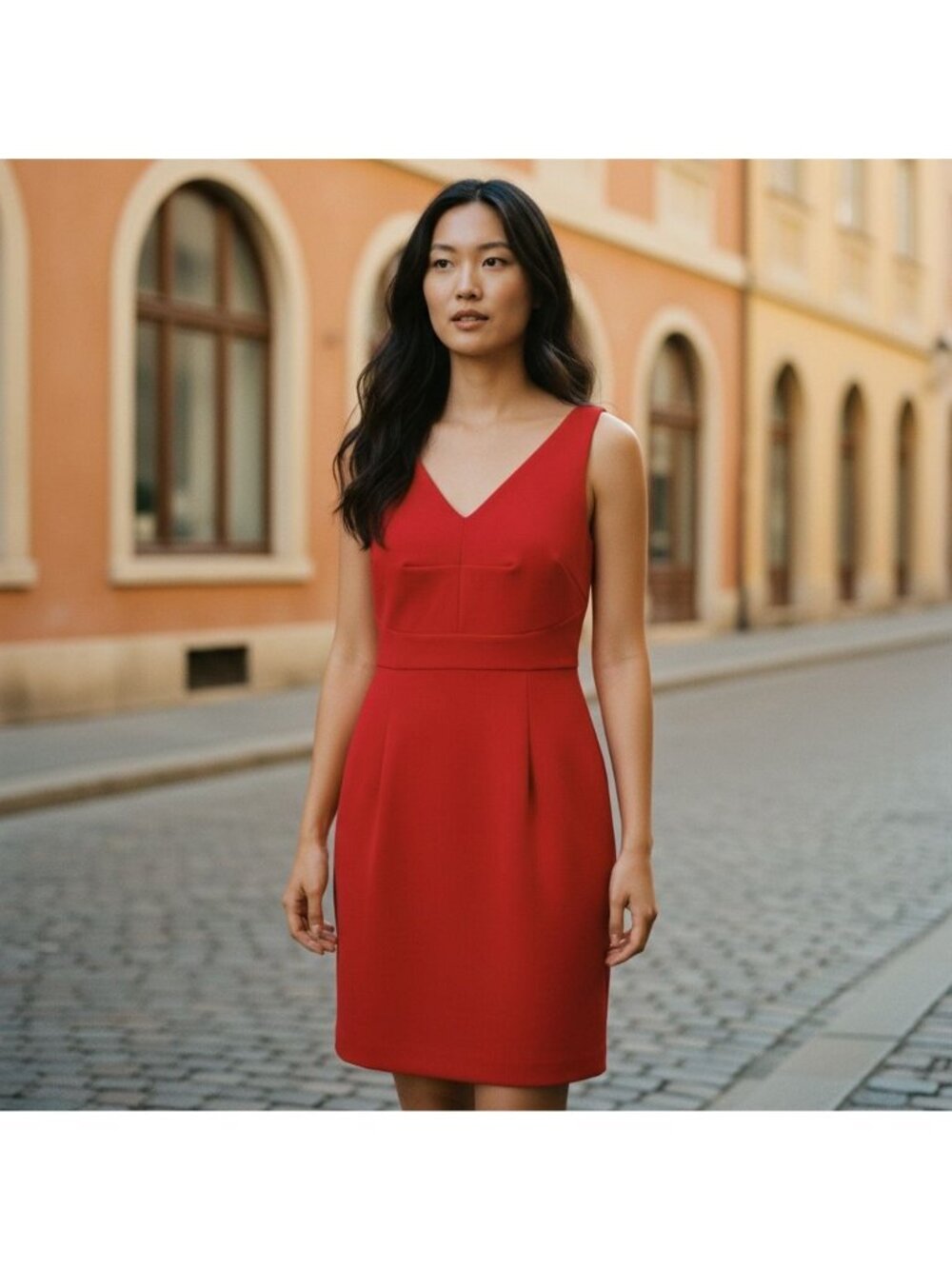 Premise Dress Women Size 8 Red Cocktail Sleeveless V-Neck Fitted Waist Knee-Leng